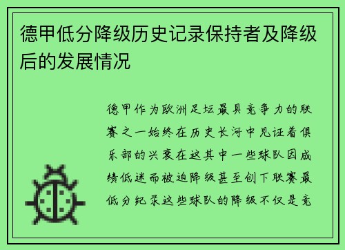 德甲低分降级历史记录保持者及降级后的发展情况