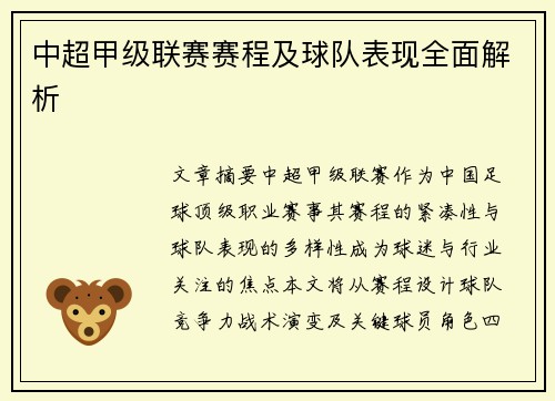 中超甲级联赛赛程及球队表现全面解析